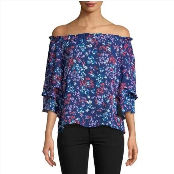 Parker Tops - Parker XS Navy Floral On Off Shoulder Half Sleeve Blouse